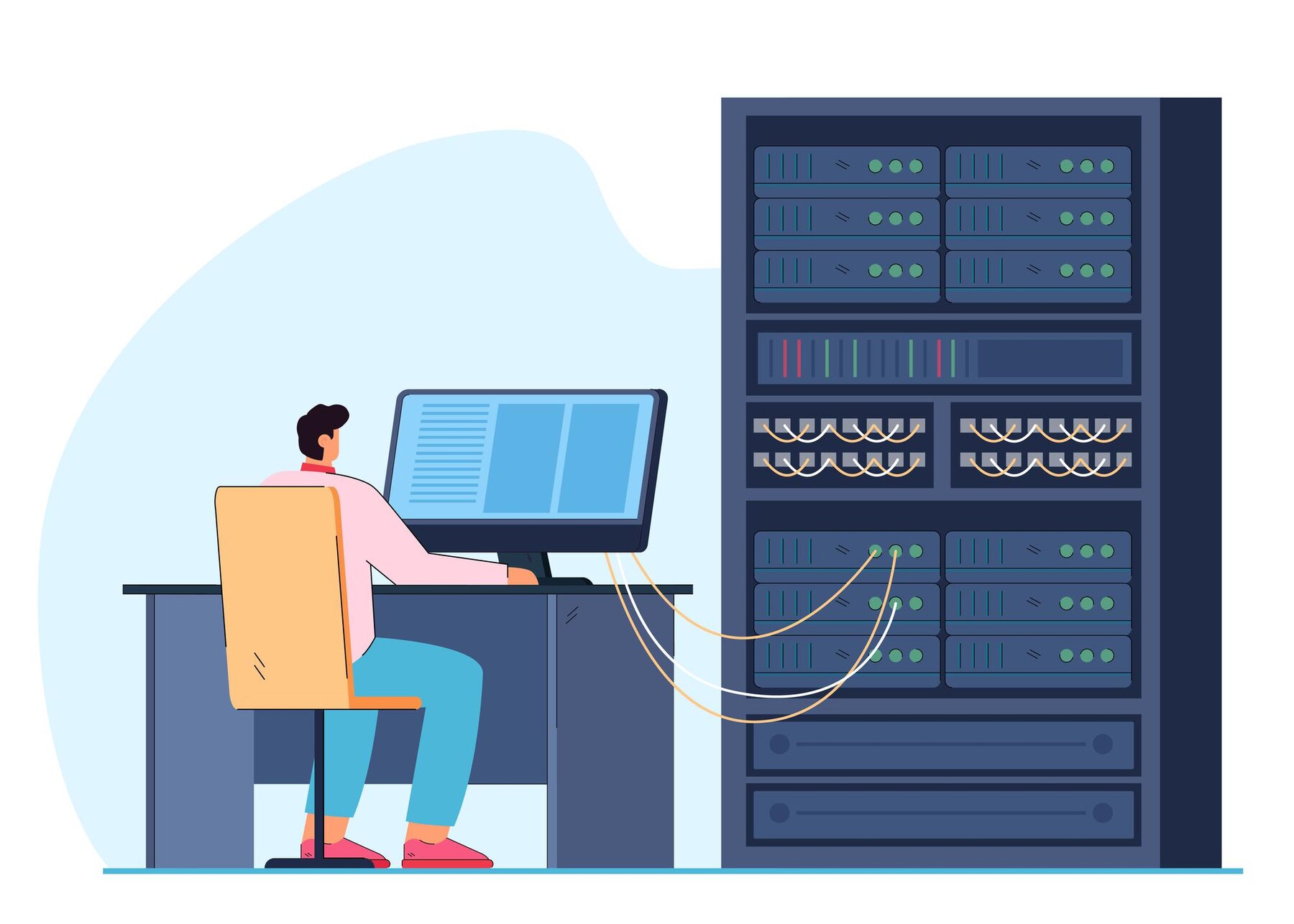 man engineer working computer server rack switchboard guy switching panel cabinet with plugged ethernet optical cables telecommunications engineering concept flat illustration 74855 20639